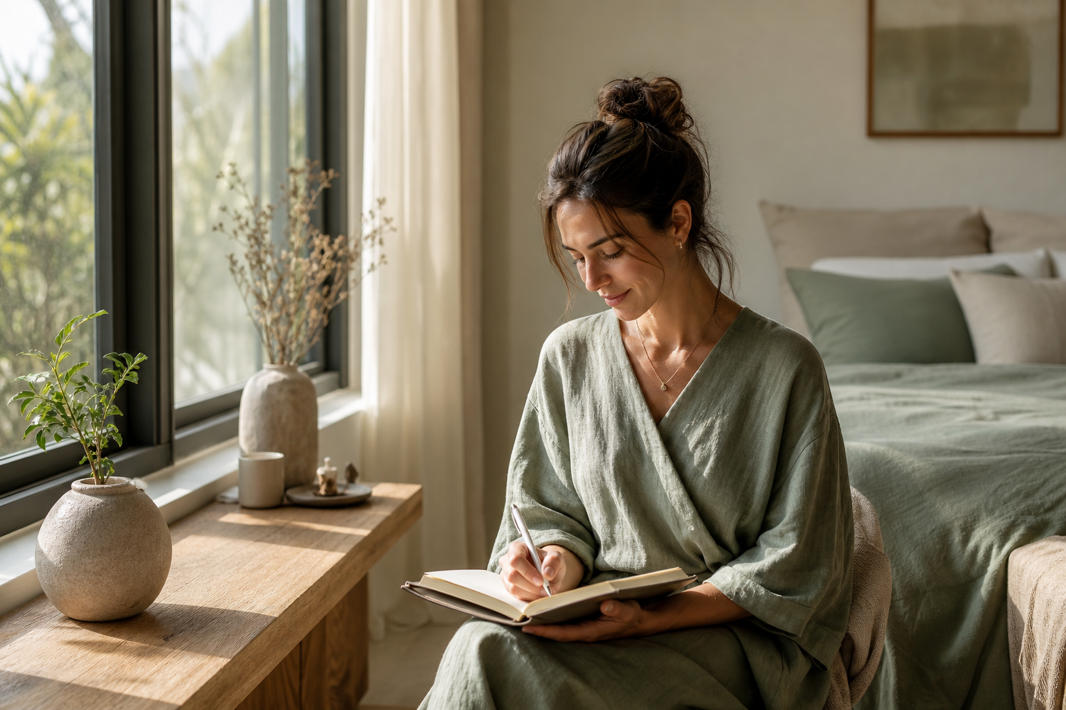 Adult client journaling in a bright calm room